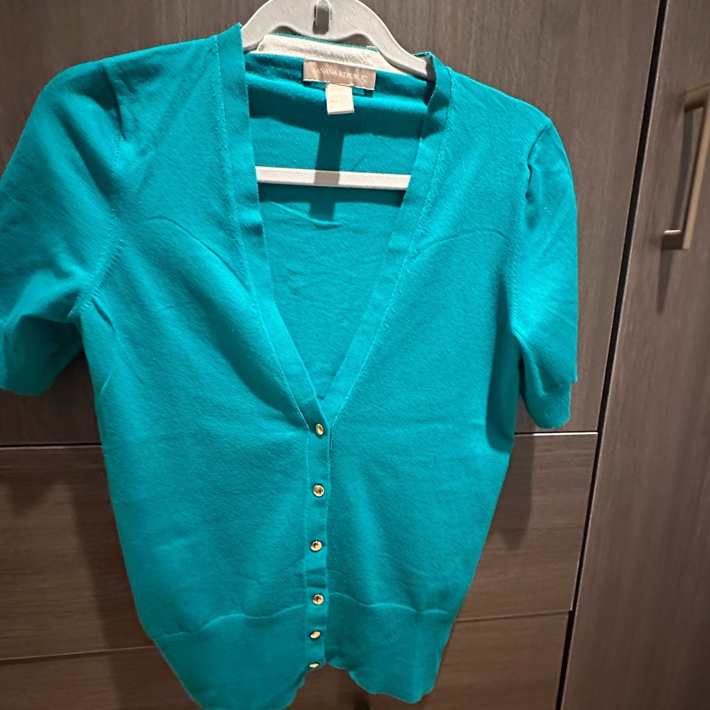 Banana Republic Teal Knit Sweater gold buttons